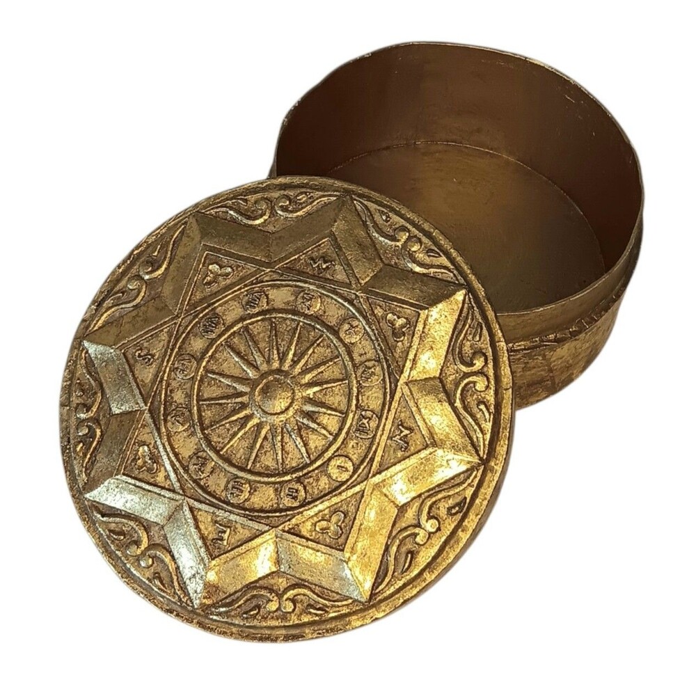 Gold Embossed Round Box Zodiac Design Celestial Star Sun Cardboard 2.5" x 5.5"